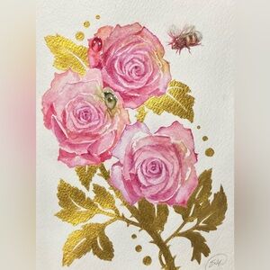 Original painting valentine roses bumblebee ladybug gold accents butterfly EAEH